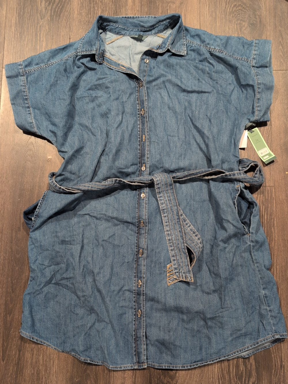 Terra &Sky Women's Plus Relaxed Mini Denim Shirt Dress Tie Belt Size 1X 16W-18W